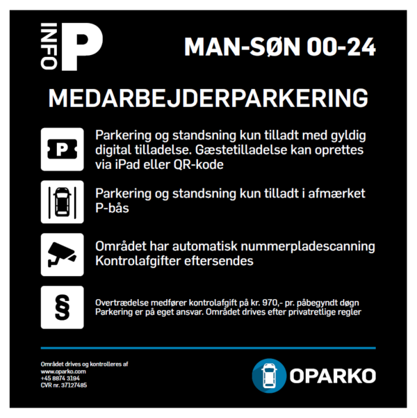 An example OPARKO parking sign: a purpose heading, opening hours, icon-led rules for permits, marked bays and ANPR, the fee amount, and the operator's contact details.