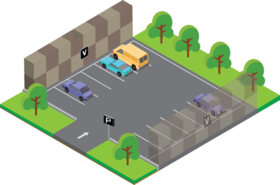 Isometric plan of an open-air car park: an entrance sign at the road access and terms signs placed among the bays.