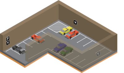 Isometric plan of a covered car park with the entrance sign at the vehicle access and terms signs repeated across the parking bays.
