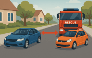Illustration af en rød redningsbil på en villavej mellem en blå parkeret bil til venstre og en orange parkeret bil til højre, med en rød dobbeltpil mellem bilerne, der viser den påkrævede sikkerhedsafstand.