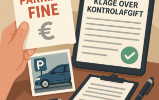 En illustration af en hånd, der holder en parkeringsbøde med teksten “PARKING FINE” og et euro-tegn; på bordet ligger et fotografi af en parkeret bil ved et P-skilt, en tablet eller plakat med overskriften “KLAGE OVER KONTROLAFGIFT” og grønt flueben samt en underskrevet klageformular på clipboard med pen.
