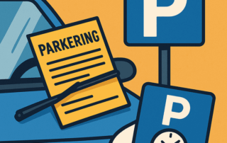 Illustration af en blå bil parkeret foran to blå parkeringsskilte (et med bogstavet “P” og et med et ur), med en gult parkeringsark med teksten “PARKERING” fastgjort på bilens forrude.