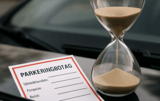 Et timeglas med sand der løber ned ved siden af en parkeringsbøde med blanke felter til udstedelsesdato, forseelse og beløb, placeret på en bils motorhjelm under vinduesviskeren.