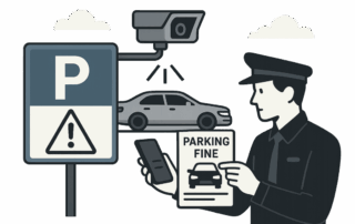 Illustration af et parkeringsområde med et stort P-skilt og advarselstrekant, et overvågningskamera der filmer en parkeret bil, og en parkeringsvagt der holder en smartphone i den ene hånd og en parkeringsbøde i den anden hånd.