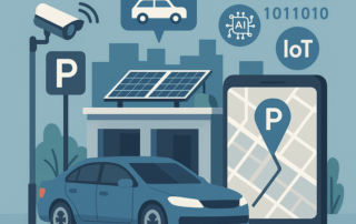 Illustration af smart parkeringssystem med en bil parkeret ved et P-skilt foran en bygning med solpaneler på taget, et overvågningskamera og en smartphone, der viser en parkeringsmarkør på et kort, omgivet af ikoner for AI, IoT og binær kode.