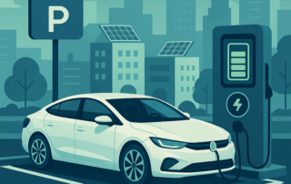 Illustration af en hvid elbil, der holder parkeret og er tilsluttet en ladestation på en byparkering med bygninger i baggrunden, nogle med solpaneler på tagene, og et P-skilt med trådløst signal.