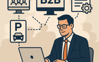 En illustration af en forretningsmand i jakkesæt og slips, siddende ved en laptop, omgivet af ikoner for CRM på en skærm, B2B på en anden skærm, et parkeringsskilt med bil og et dokument med tandhjul, forbundet med stiplede linjer, der symboliserer digitale forretningsprocesser.