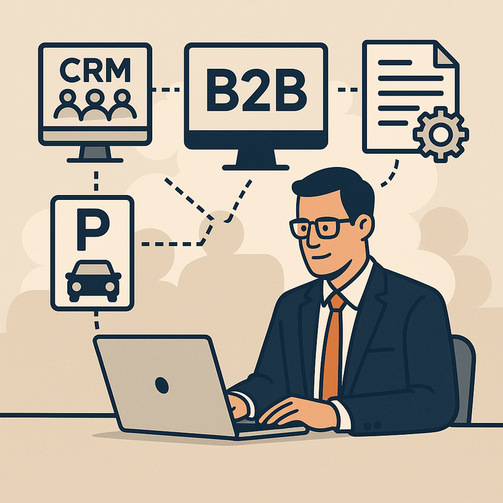 En illustration af en forretningsmand i jakkesæt og slips, siddende ved en laptop, omgivet af ikoner for CRM på en skærm, B2B på en anden skærm, et parkeringsskilt med bil og et dokument med tandhjul, forbundet med stiplede linjer, der symboliserer digitale forretningsprocesser.