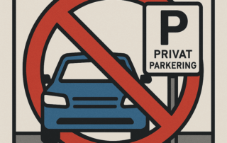 Illustration af en blå bil parkeret ved et skilt med teksten “Privat parkering”, overstreget af et rødt forbudstegn.