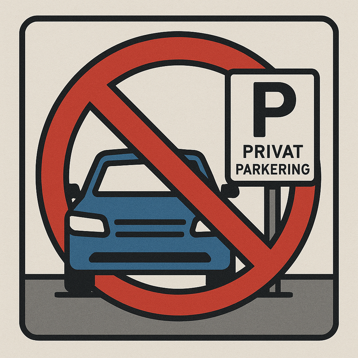 Illustration af en blå bil parkeret ved et skilt med teksten “Privat parkering”, overstreget af et rødt forbudstegn.