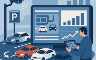 Illustration af en overvåget parkeringsplads med flere indførte bilparkeringsbåse, et overvågningskamera og et parkeringsskilt til venstre. Foran ses tre parkerede biler i forskellige farver, mens en person til højre holder en tablet og står foran en stor skærm, der viser grafer, diagrammer og bilikoner, hvilket viser realtidsdata og analyser af parkeringspladsen.