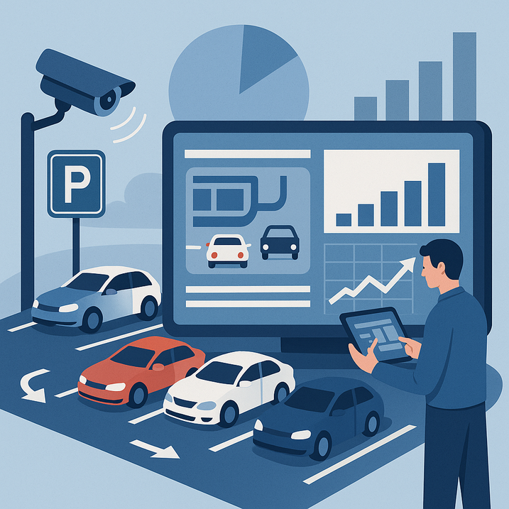 Illustration af en overvåget parkeringsplads med flere indførte bilparkeringsbåse, et overvågningskamera og et parkeringsskilt til venstre. Foran ses tre parkerede biler i forskellige farver, mens en person til højre holder en tablet og står foran en stor skærm, der viser grafer, diagrammer og bilikoner, hvilket viser realtidsdata og analyser af parkeringspladsen.