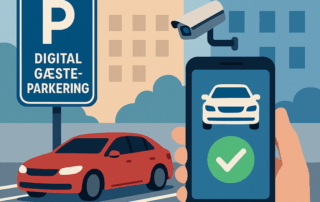 Illustration af en parkeringsplads med et skilt med teksten "Digital gæsteparkering", en rød bil stående i en bås, et overvågningskamera og en hånd, der holder en smartphone med en bilikon og et grønt flueben på skærmen.