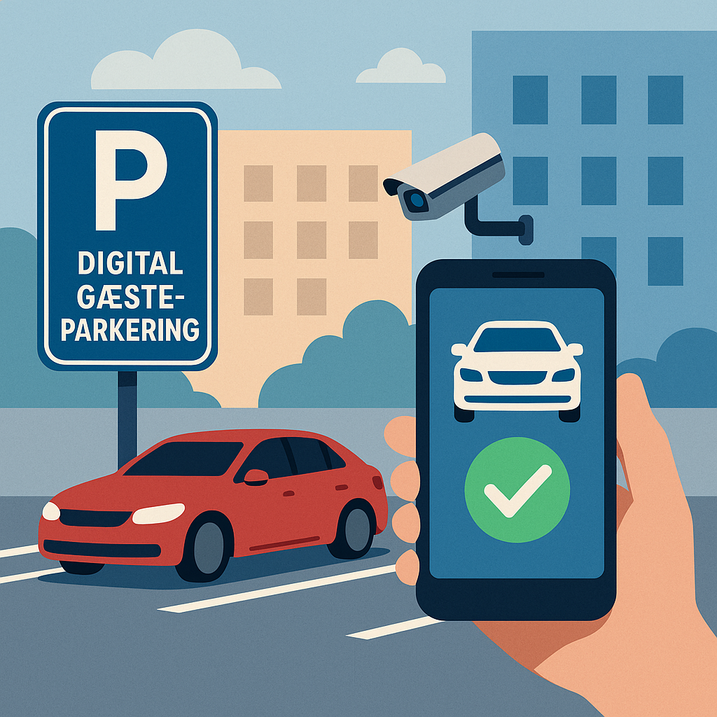 Illustration af en parkeringsplads med et skilt med teksten "Digital gæsteparkering", en rød bil stående i en bås, et overvågningskamera og en hånd, der holder en smartphone med en bilikon og et grønt flueben på skærmen.