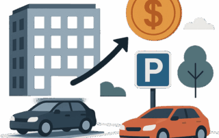 Illustration af en parkeringsplads med to biler og et P-skilt ved siden af en bygning, hvor en opadgående pil peger mod en stor mønt med dollartegn, der symboliserer stigende parkeringsomkostninger.