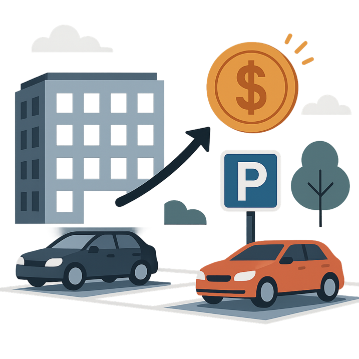 Illustration af en parkeringsplads med to biler og et P-skilt ved siden af en bygning, hvor en opadgående pil peger mod en stor mønt med dollartegn, der symboliserer stigende parkeringsomkostninger.