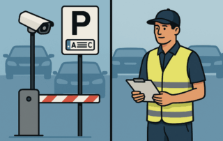 Illustration af en parkeringsplads med en automatisk bom og et overvågningskamera ved indgangen, et parkeringsskilt med nummerpladeikon og en mand iført refleksvest, der holder en clipboard, med skyggefulde biler i baggrunden.