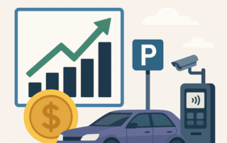 Illustration af en fremadskridende søjlediagram med grøn pil opad, en stor gul mønt med dollartegn, en parkeret bil under et blåt P-skilt, en betalingsautomat med kontaktløsbetalingssymbol og et overvågningskamera, med teksten “ROI på en digital P-løsning” øverst.
