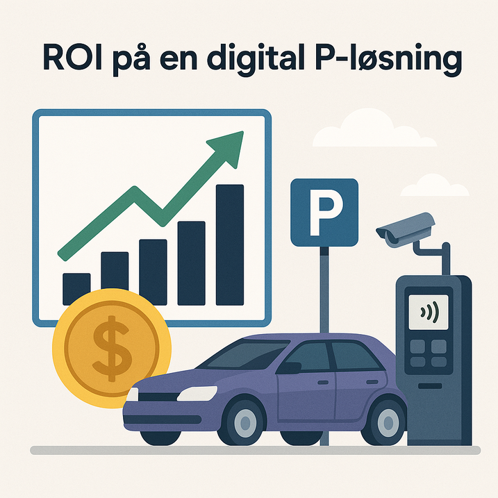Illustration af en fremadskridende søjlediagram med grøn pil opad, en stor gul mønt med dollartegn, en parkeret bil under et blåt P-skilt, en betalingsautomat med kontaktløsbetalingssymbol og et overvågningskamera, med teksten “ROI på en digital P-løsning” øverst.