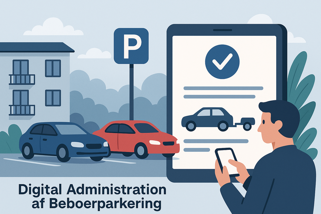 Illustration af en mand, der med smartphone og tablet digitalt administrerer beboerparkering, mens to biler holder parkeret ved en boligbygning under et parkeringsskilt.