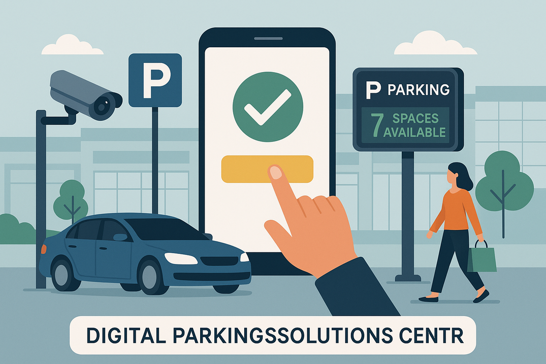 Illustration af et digitalt parkeringssystem, hvor en hånd trykker på en smartphone med et grønt flueben, mens en bil holder ved et P-skilt under et overvågningskamera, et digitalt skilt viser “P Parking” og “7 ledige pladser”, og en kvinde med indkøbspose går forbi foran en moderne bygning.