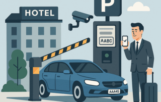 Illustration af en velklædt mand med kuffert, der viser en bekræftelse på sin smartphone ved en parkeringsautomat foran en hotelbygning, mens hans bil holder ved en automatisk bom under overvågning.