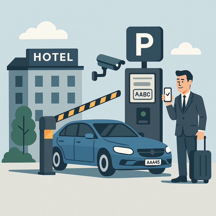 Illustration af en velklædt mand med kuffert, der viser en bekræftelse på sin smartphone ved en parkeringsautomat foran en hotelbygning, mens hans bil holder ved en automatisk bom under overvågning.