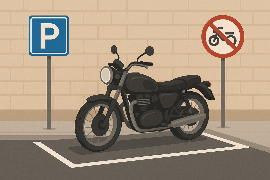 En illustration af en sort motorcykel parkeret i en afmærket P-plads foran en beige mur. Til venstre står et blåt skilt med hvidt P-symbol, til højre et rundt forbudsskilt med rød kant og skråstreg over en motorcykelsilhuet.