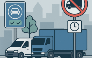 Illustration af en bygade med en hvid varevogn og en blå lastbil parkeret foran en bysilhuet. Til venstre står et blåt skilt med en bil og to grønne flueben. Til højre er et rundt forbudsskilt med en lastbil overstreget af en rød streg og et ur, der angiver tidsbegrænsning.