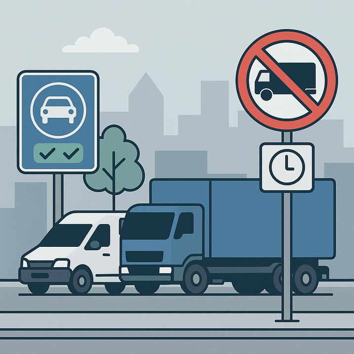 Illustration af en bygade med en hvid varevogn og en blå lastbil parkeret foran en bysilhuet. Til venstre står et blåt skilt med en bil og to grønne flueben. Til højre er et rundt forbudsskilt med en lastbil overstreget af en rød streg og et ur, der angiver tidsbegrænsning.
