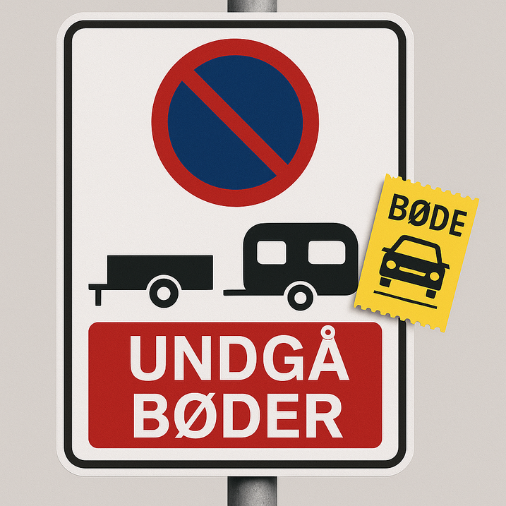 Vejskilt med parkeringsforbudssymbol, silhuetter af anhænger og campingvogn, rød bjælke med teksten “UNDGÅ BØDER” og et gult mærkat med ordet “BØDE” samt et bilikon.