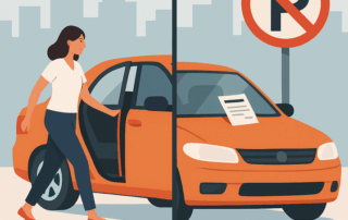Illustration af en kvinde, der åbner døren til en orange bil parkeret under et parkeringsforbudsskilt med en parkeringsbøde på forruden, og en bysilhuet i baggrunden.