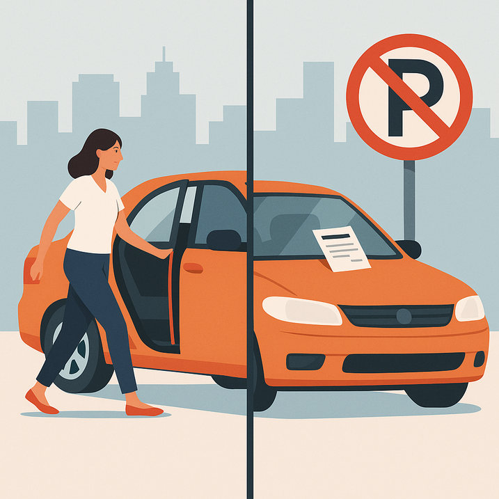 Illustration af en kvinde, der åbner døren til en orange bil parkeret under et parkeringsforbudsskilt med en parkeringsbøde på forruden, og en bysilhuet i baggrunden.