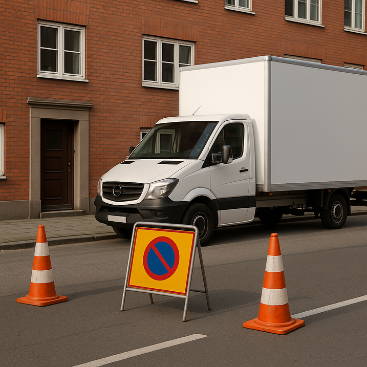 En hvid varevogn parkeret ved en rød murstensbygning, foran vognen står to orange trafik­kegler og et gult skilt med parkeringsforbud.