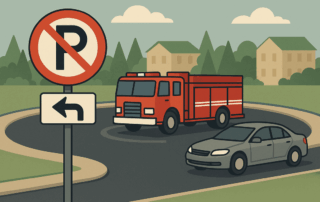 Illustration af en rundkørsel med et parkeringsforbudsskilt med venstrepil i forgrunden, en rød brandbil kørende i rundkørslen og en grå bil parkeret langs kanten, omgivet af grønne træer og boliger.