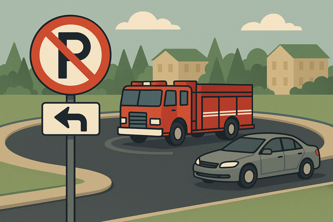 Illustration af en rundkørsel med et parkeringsforbudsskilt med venstrepil i forgrunden, en rød brandbil kørende i rundkørslen og en grå bil parkeret langs kanten, omgivet af grønne træer og boliger.