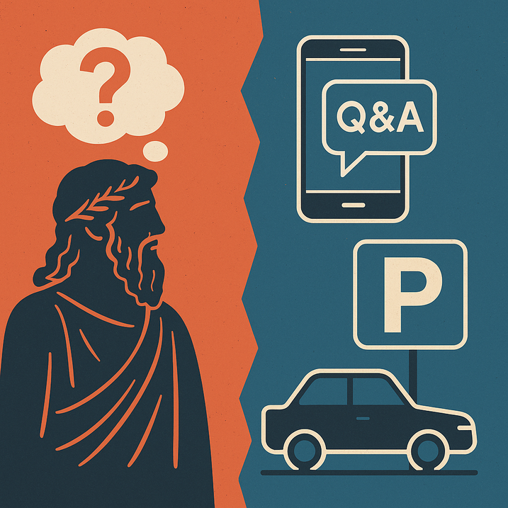 Illustration opdelt i to: til venstre en silhuet af en antik tænker med laurbærkrans og en tænkerboble med spørgsmålstegn, til højre en smartphone med en Q&A-taleboble, et parkeringsskilt med bogstavet “P” og en bil under skiltet.