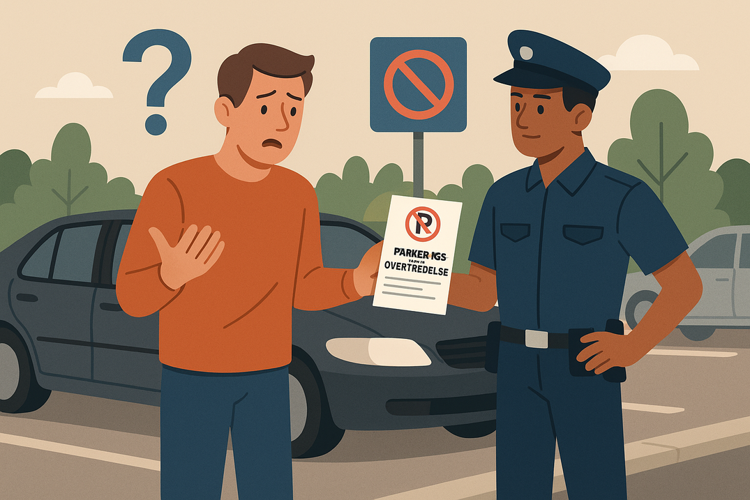 Tegnet scene af en mand i orange bluse, der ser forvirret ud med et spørgsmålstegn over hovedet, mens en uniformeret betjent i blå deler en parkeringsbøde med teksten “Parkeringsovertrædelse” foran et parkeringsforbudsskilt ved en parkeringsplads.