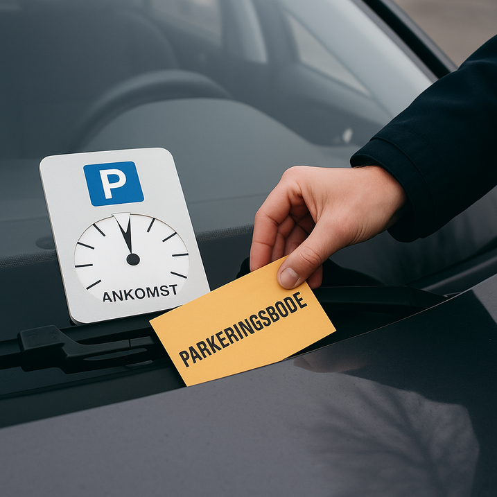 Nærbillede af en bils forrude med parkeringsskive, der viser ankomsttid, mens en hånd placerer en gul parkeringsbøde under vinduesviskeren.