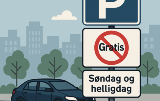 Illustration af en parkeringsplilt med et blåt “P” øverst, et rødt forbudstegn over ordet “Gratis” midt på skiltet og teksten “Søndag og helligdag” i bunden; en mørk bil holder parkeret ved fortovet med bysilhuet og træer i baggrunden.