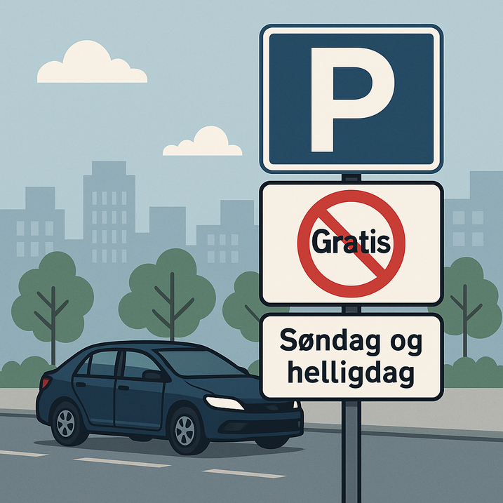 Illustration af en parkeringsplilt med et blåt “P” øverst, et rødt forbudstegn over ordet “Gratis” midt på skiltet og teksten “Søndag og helligdag” i bunden; en mørk bil holder parkeret ved fortovet med bysilhuet og træer i baggrunden.