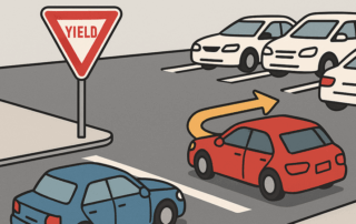 Grafisk illustration af et vejkryds med et rødt “Yield”-skilt, en blå bil, der holder ved stoppelinjen, og en rød bil, der drejer til højre forbi parkerede hvide biler under en himmel med to skyer.