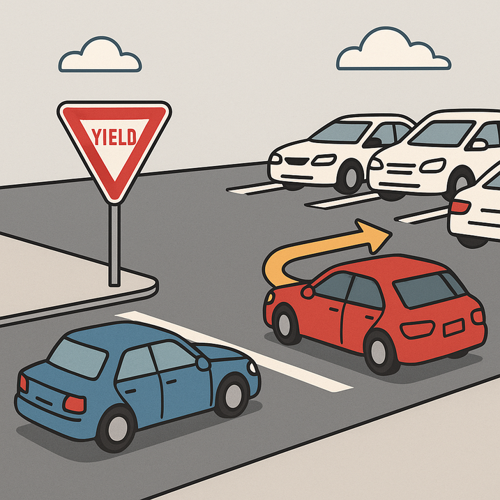 Grafisk illustration af et vejkryds med et rødt “Yield”-skilt, en blå bil, der holder ved stoppelinjen, og en rød bil, der drejer til højre forbi parkerede hvide biler under en himmel med to skyer.