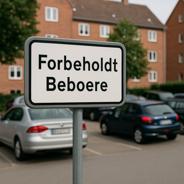 Skilt med teksten “Forbeholdt beboere” foran en parkeringsplads med parkerede biler og røde murstensbygninger i baggrunden.