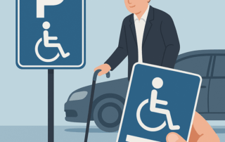 Illustration af en mand med stok ved et handicapparkeringsskilt, mens en hånd i forgrunden holder et handicapparkeringskort foran en parkeret bil.