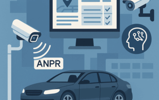 Illustration i blåtoner af en bil under nummerpladegenkendelse (ANPR) med overvågningskameraer, et skilt med “ANPR”, en computerskærm med kortmarkør og tjeklister samt et ikon, der symboliserer kunstig intelligens.