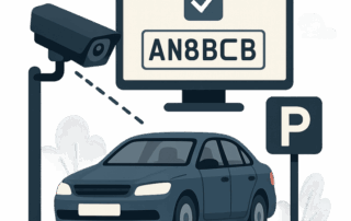 En mørk bil parkeret ved et ‘P’-skilt under et overvågningskamera, der scanner nummerpladen “AN8BCB”, som vises på en skærm med et flueben.