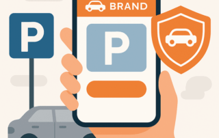 Deksorativ illustration af en hånd, der holder en smartphone med en parkeringsapp med stort P-ikon, brandnavn øverst og bekræftelsesknap, i baggrunden et parkeringsskilt, en parkeret bil og et skjold med bilsymbol, der signalerer sikker parkering.