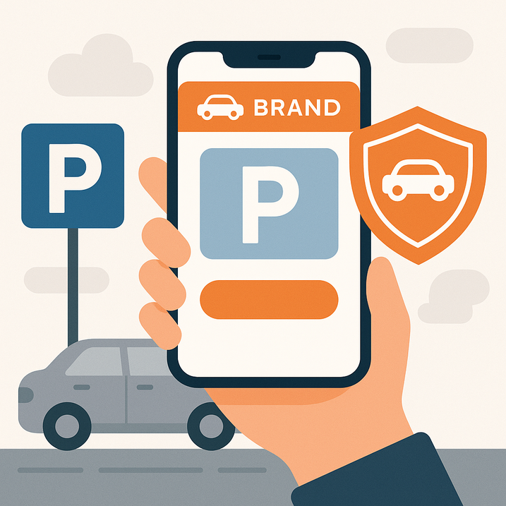 Deksorativ illustration af en hånd, der holder en smartphone med en parkeringsapp med stort P-ikon, brandnavn øverst og bekræftelsesknap, i baggrunden et parkeringsskilt, en parkeret bil og et skjold med bilsymbol, der signalerer sikker parkering.