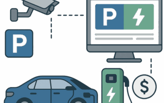 Illustration af et overvågningskamera, et parkeringsskilt, en elbil ved en ladestander med et betalingsikon og en computerskærm med parkerings- og lade-symboler, forbundet med stiplede linjer.